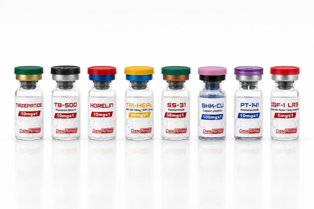 Chempeptides research peptide collection — Tirzepatide, TB-500, Ipamorelin, Tri-Heal, SS-31, GHK-Cu, PT-141, IGF-1 LR3 vials in a row