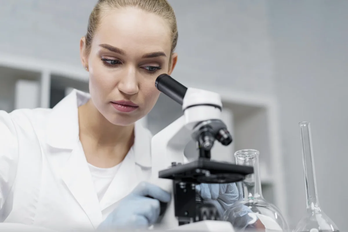 Onderzoeker met microscoop in een laboratorium