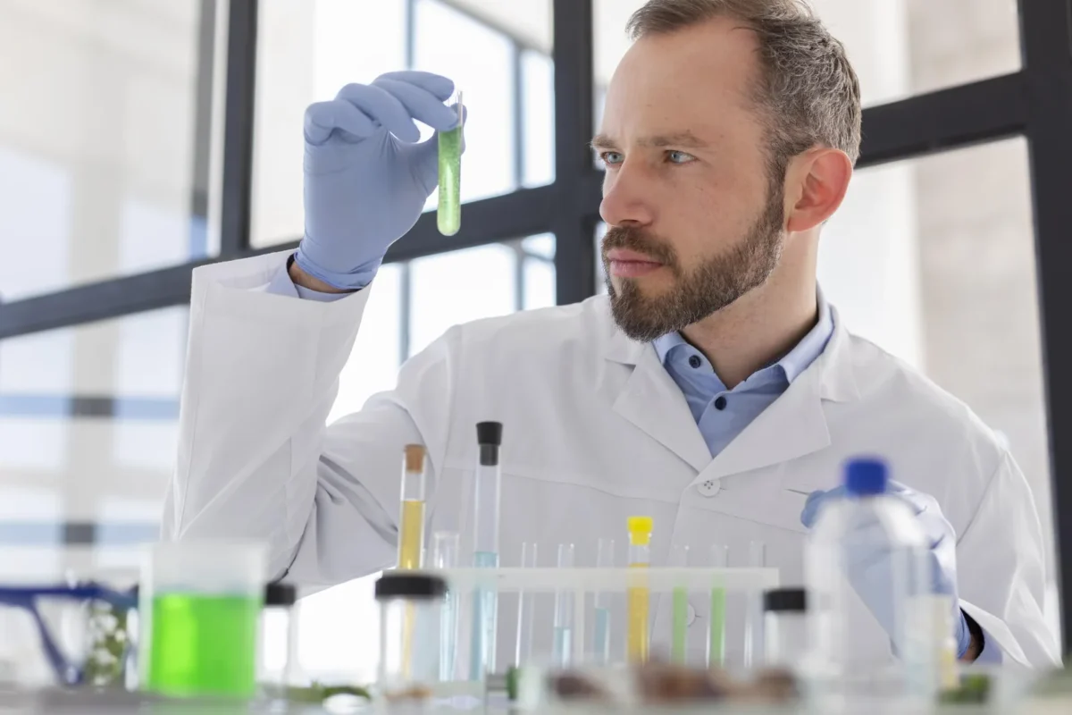 Onderzoeker bekijkt een reageerbuis in het laboratorium